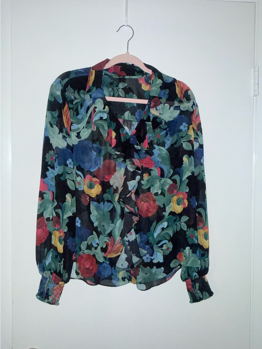 Chico's Vibrant Floral Ruffled Button Blouse - Picture 2 of 3